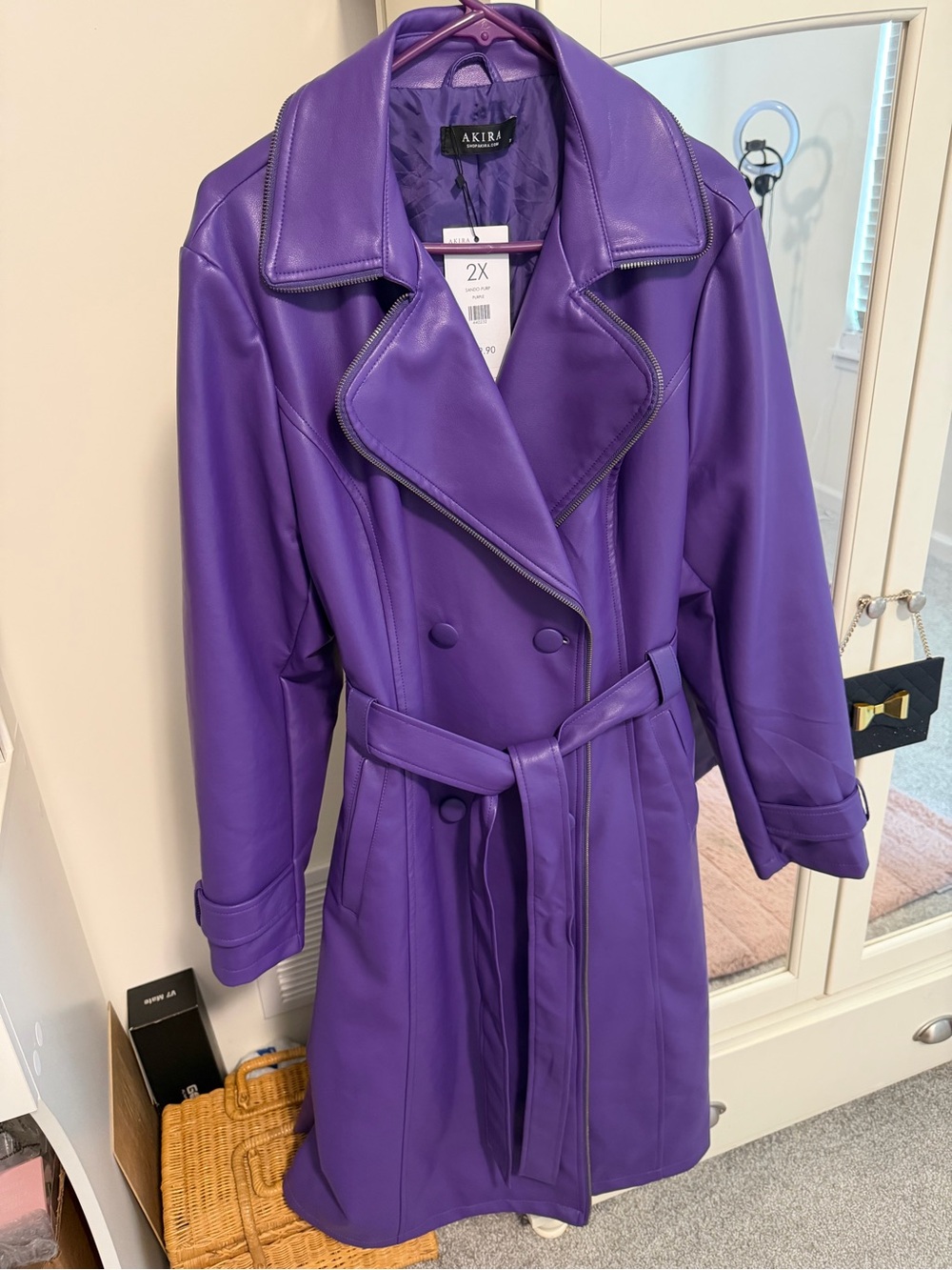 AKIRA Purple Faux Leather Double-Breasted Trench Coat with Belt